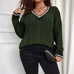Striped Trim Cable Knit Drop Shoulder Sweater in KELLY GREEN Size 3XL